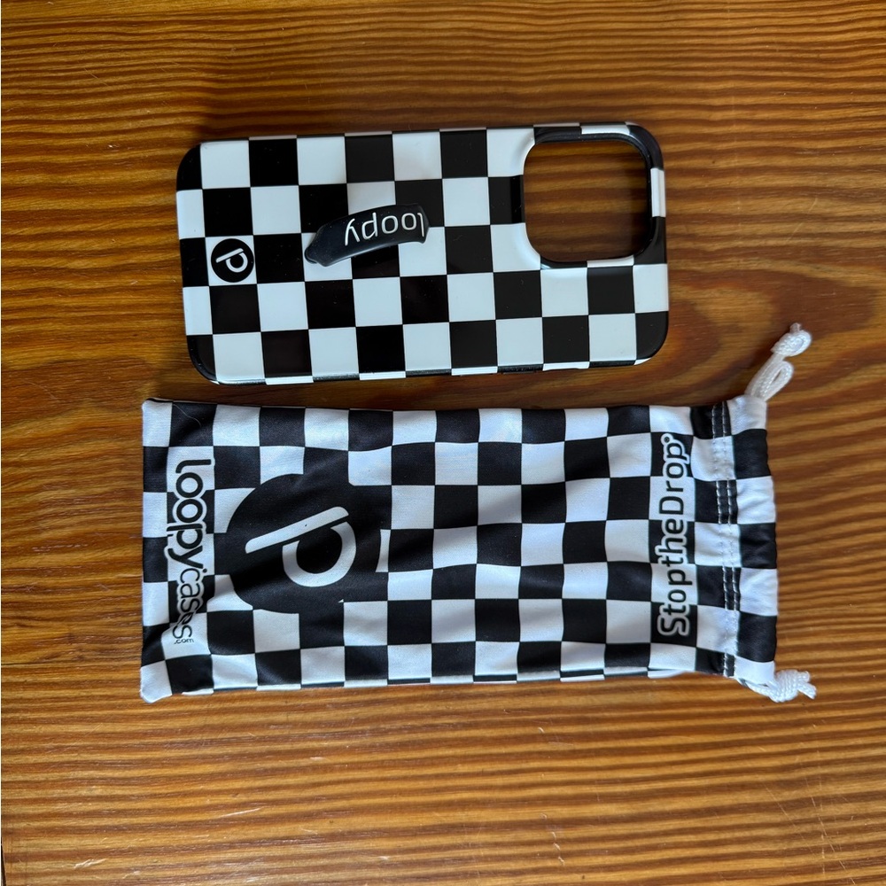 Loopy Case Black and White Checkered Phone Case for iPhone 13 Pro.